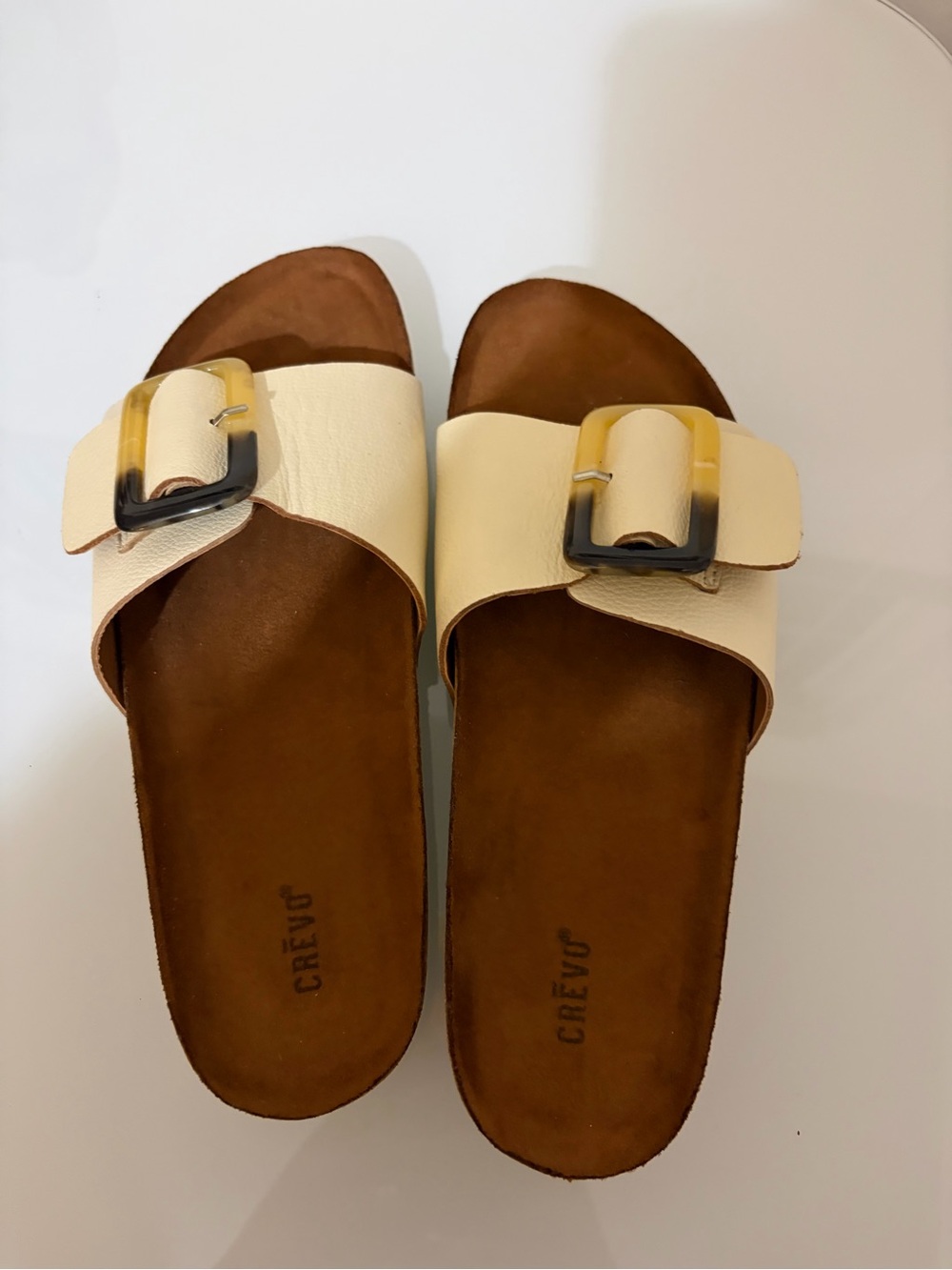Crevo Cream Slide Mules Leather with Comfy Tortoiseshell Buckle Accent